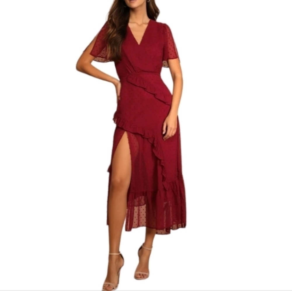 LULUS Next to You Burgundy Swiss Dot Ruffled Midi Dress NWT wedding guest